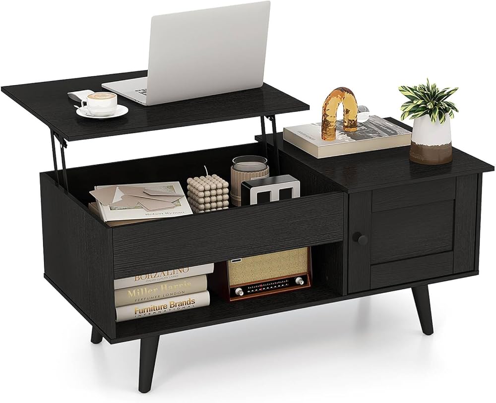 Lift-Top Coffee Table with Hidden Cabinet & Open Shelf