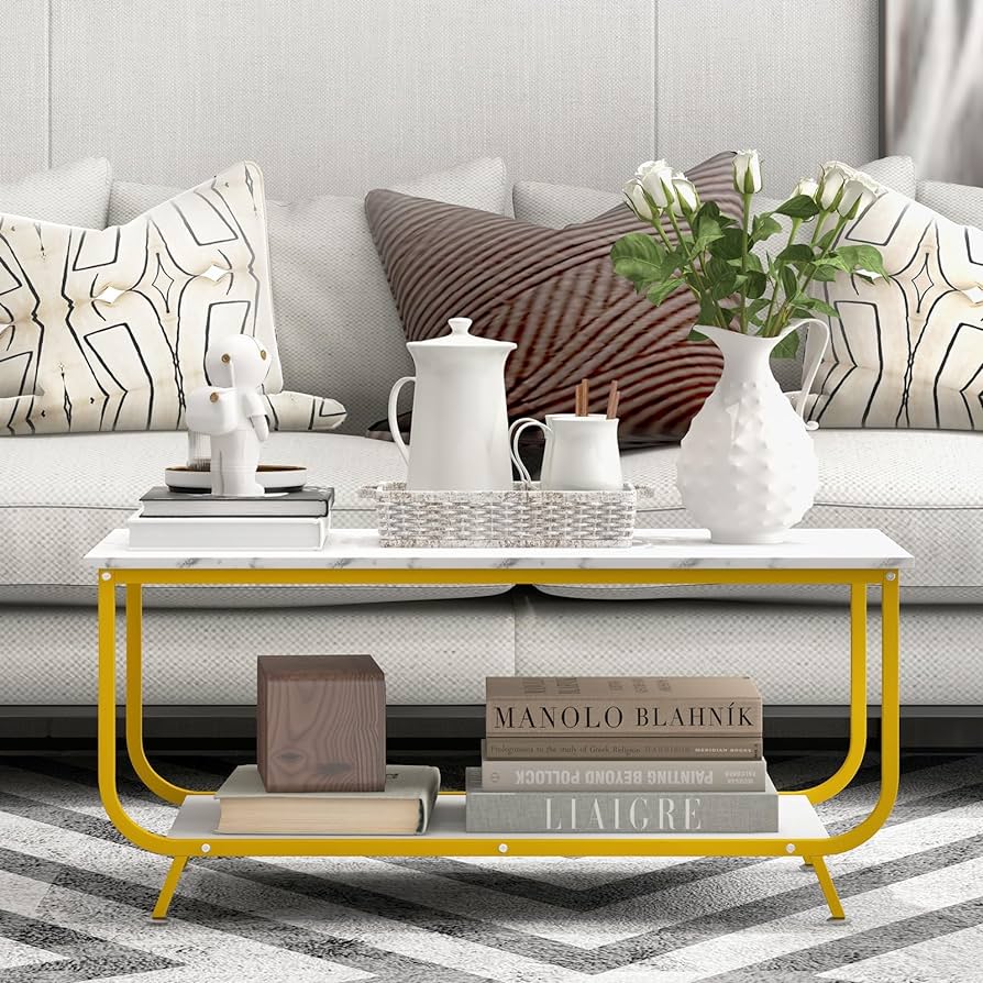 2-Tier Faux-Marble Coffee Table with Metal Frame