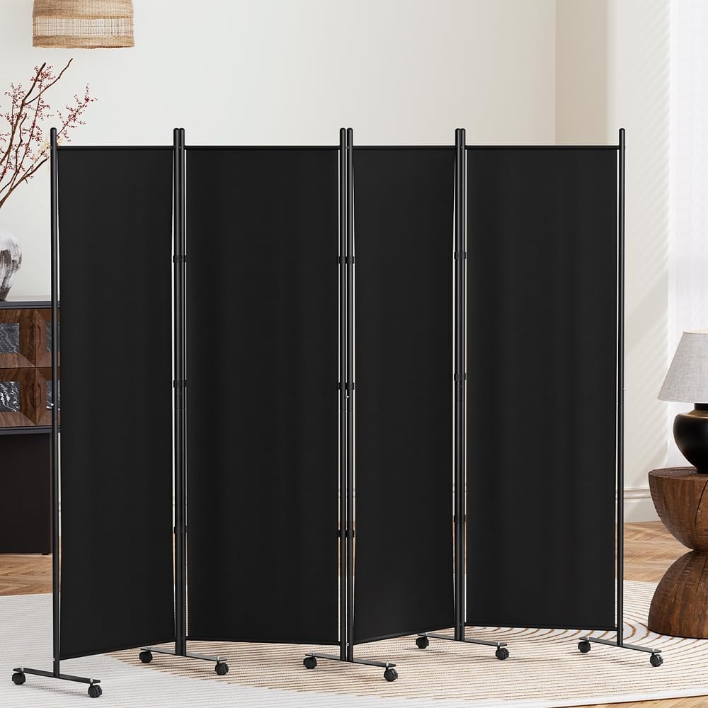 6-Panel Black Rolling Fabric Room Divider with 10 Lockable Wheels