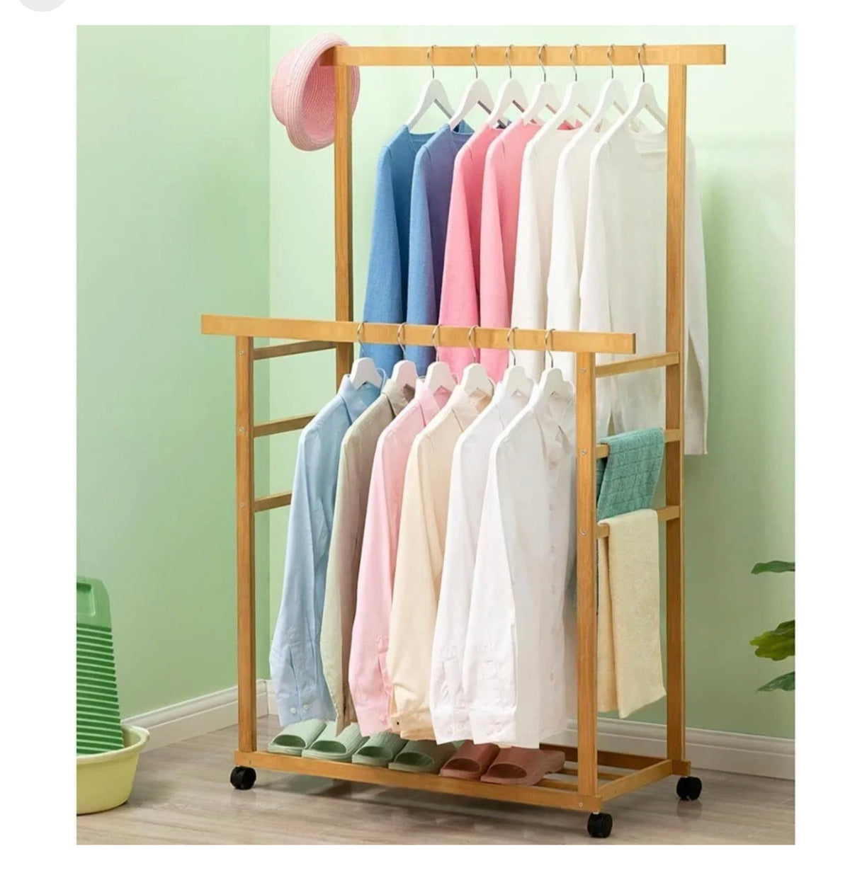 Rolling Double-Rail Bamboo Garment Rack with Lower Shelf