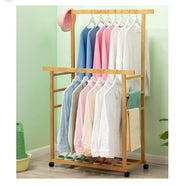 Rolling Double-Rail Bamboo Garment Rack with Lower Shelf