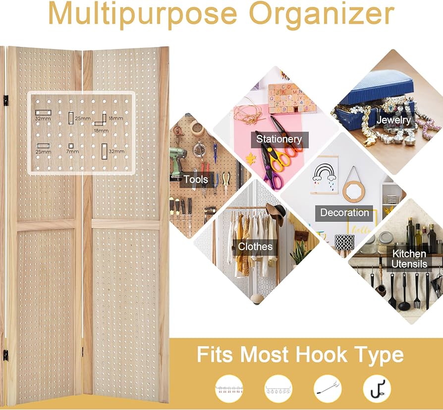 152 cm 4-Panel Folding Pegboard Display Divider – Natural