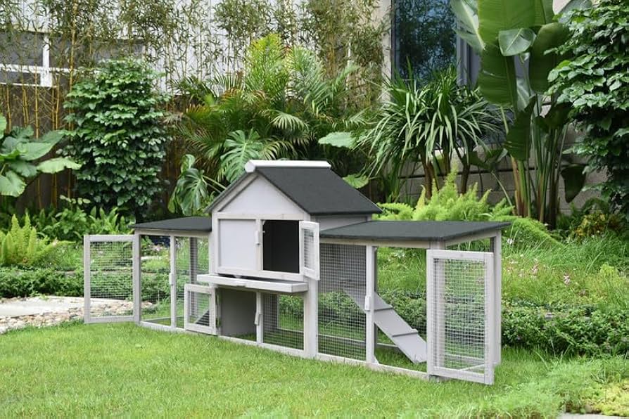 Grey Wooden Rabbit Hutch with Double Run