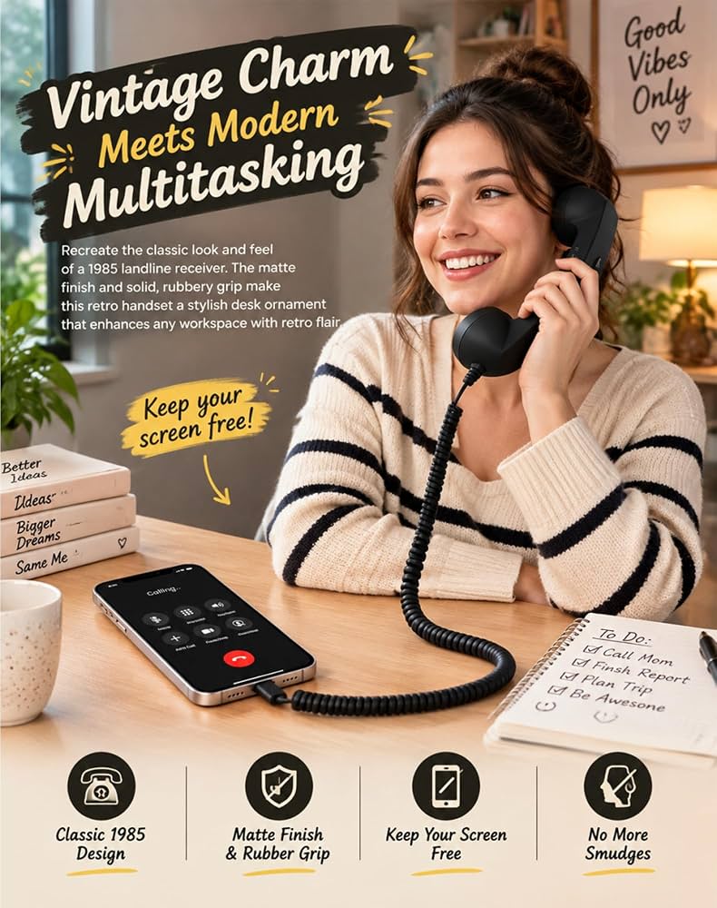 Retro USB-C Wired Phone Handset with Microphone & Volume Control