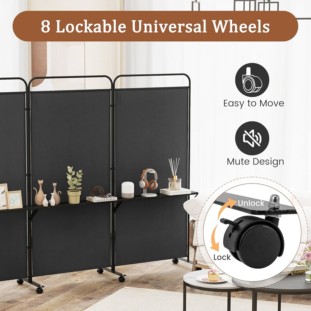 188cm Rolling 3-Panel Room Divider with 3 Shelves – 3 Colours