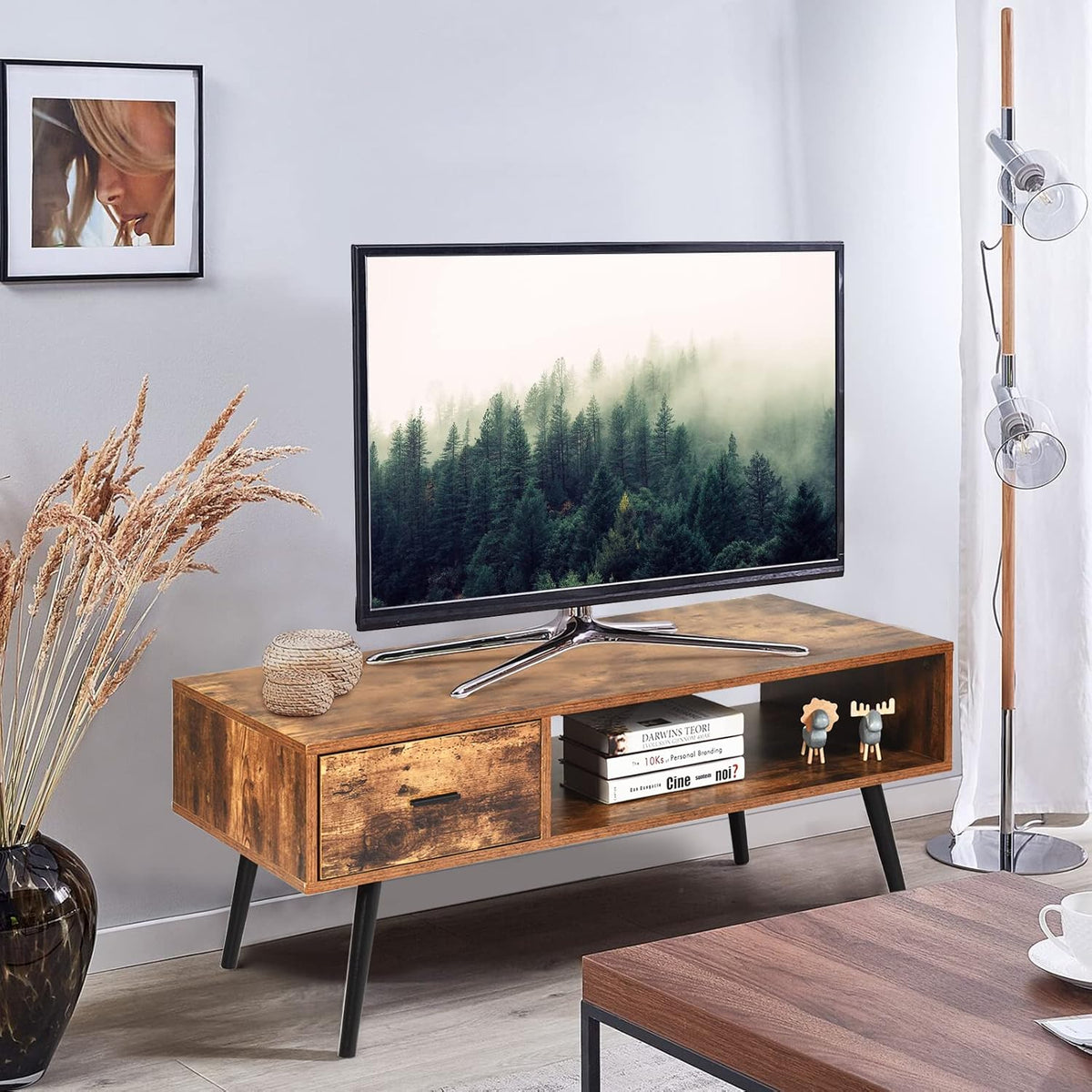 109 cm Mid-Century Coffee Table with Drawer & Open Shelf