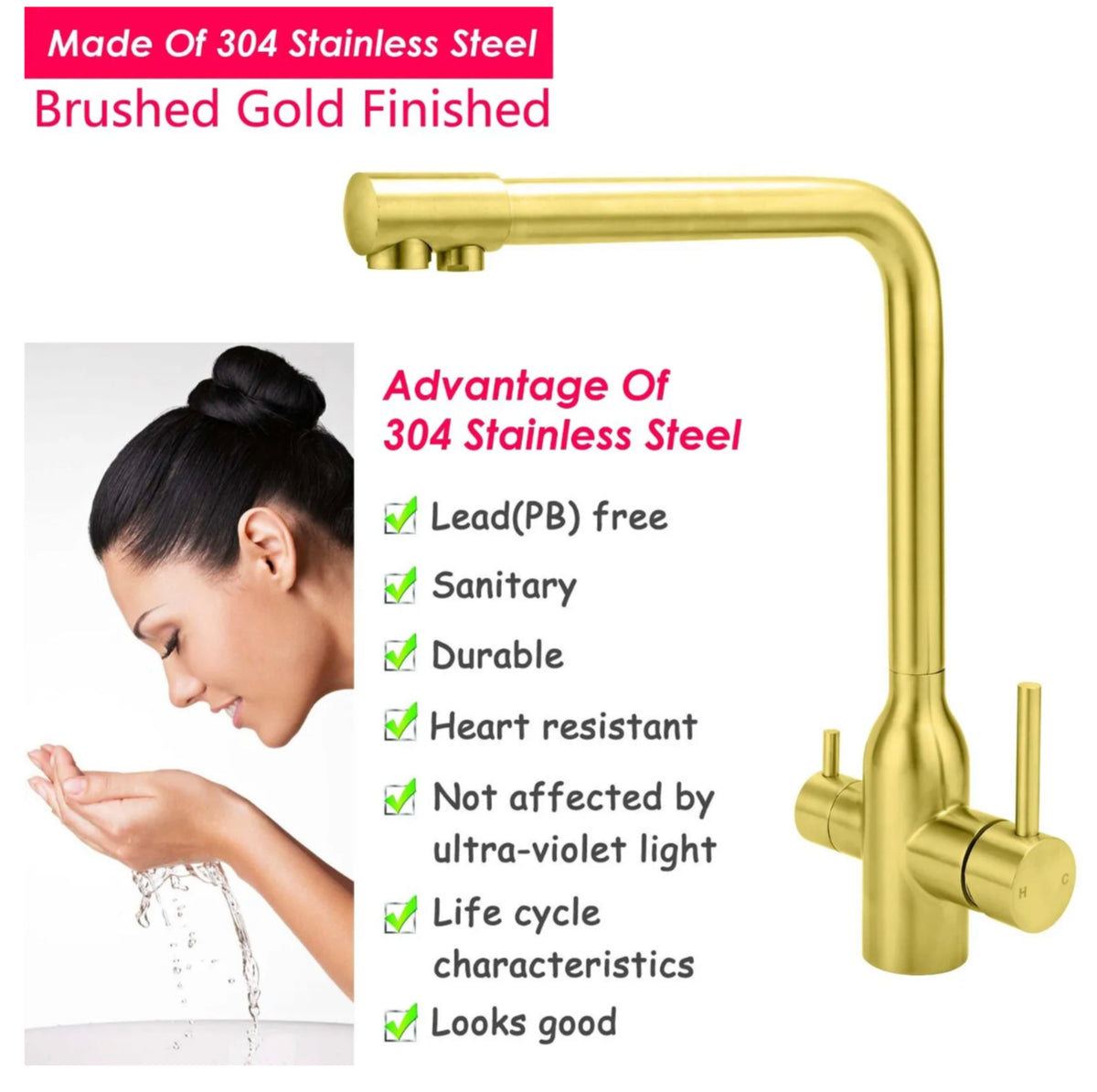 Brushed Gold 3 Way Kitchen Mixer Pure Drinking Water Sink Tap Swivel Spout WELS