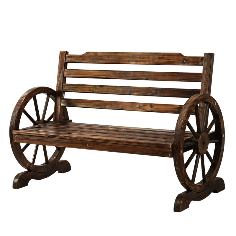 111 cm 2-Seat Fir-Wood Garden Bench with Wagon-Wheel Arms