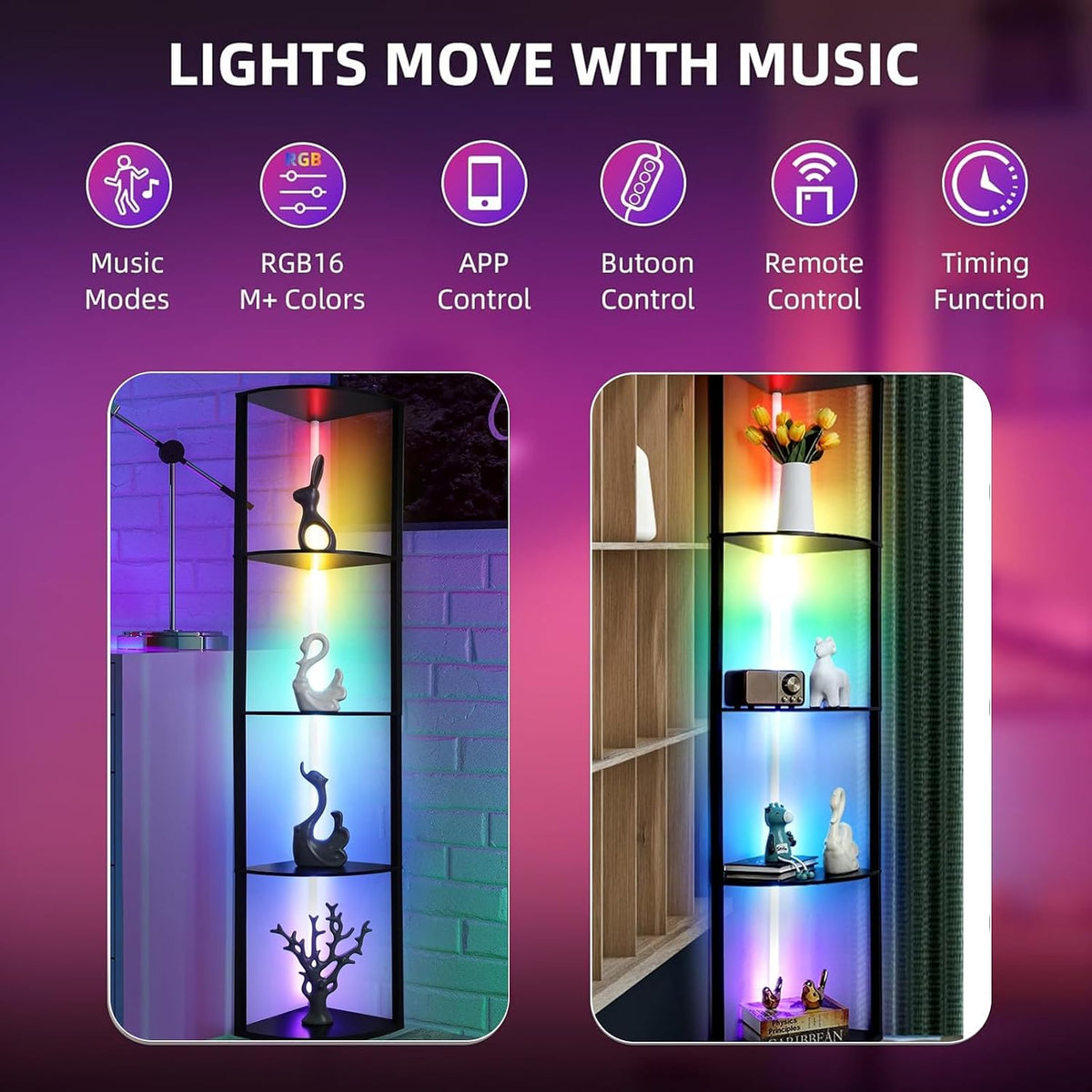 5-Tier LED Corner Shelf Floor Lamp – 162 cm, Black