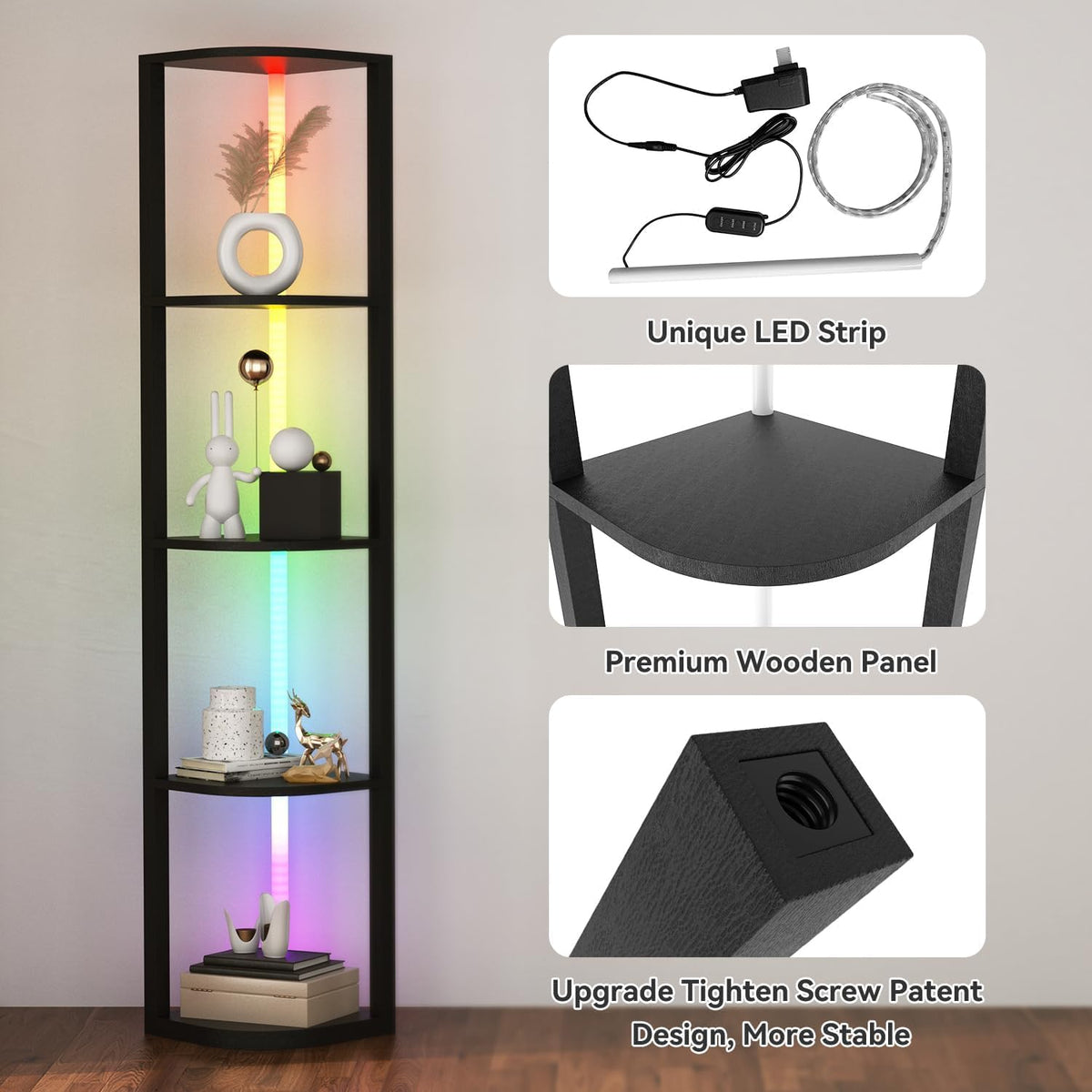 5-Tier LED Corner Shelf Floor Lamp – 162 cm, Black