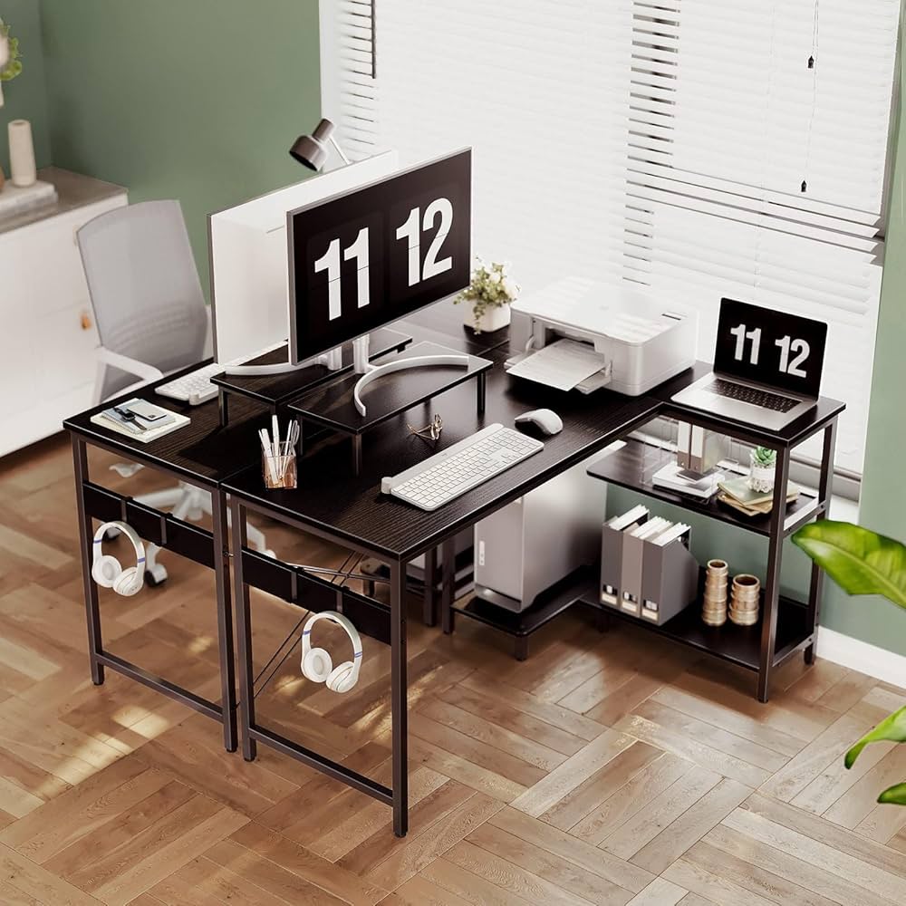 100 cm Reversible L-Shaped Desk with Shelves & Monitor Stand