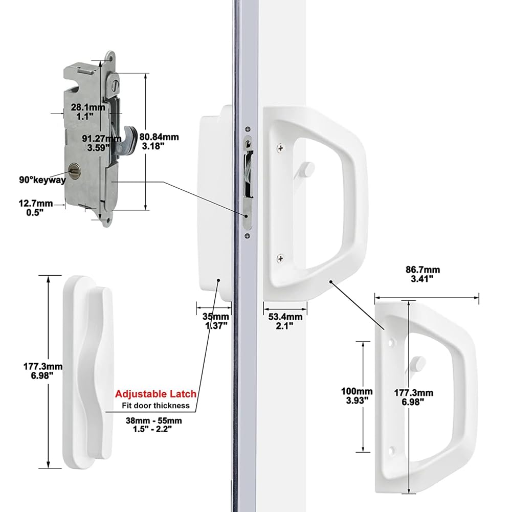 Reversible White Sliding Patio-Door Handle & Mortise Lock Set