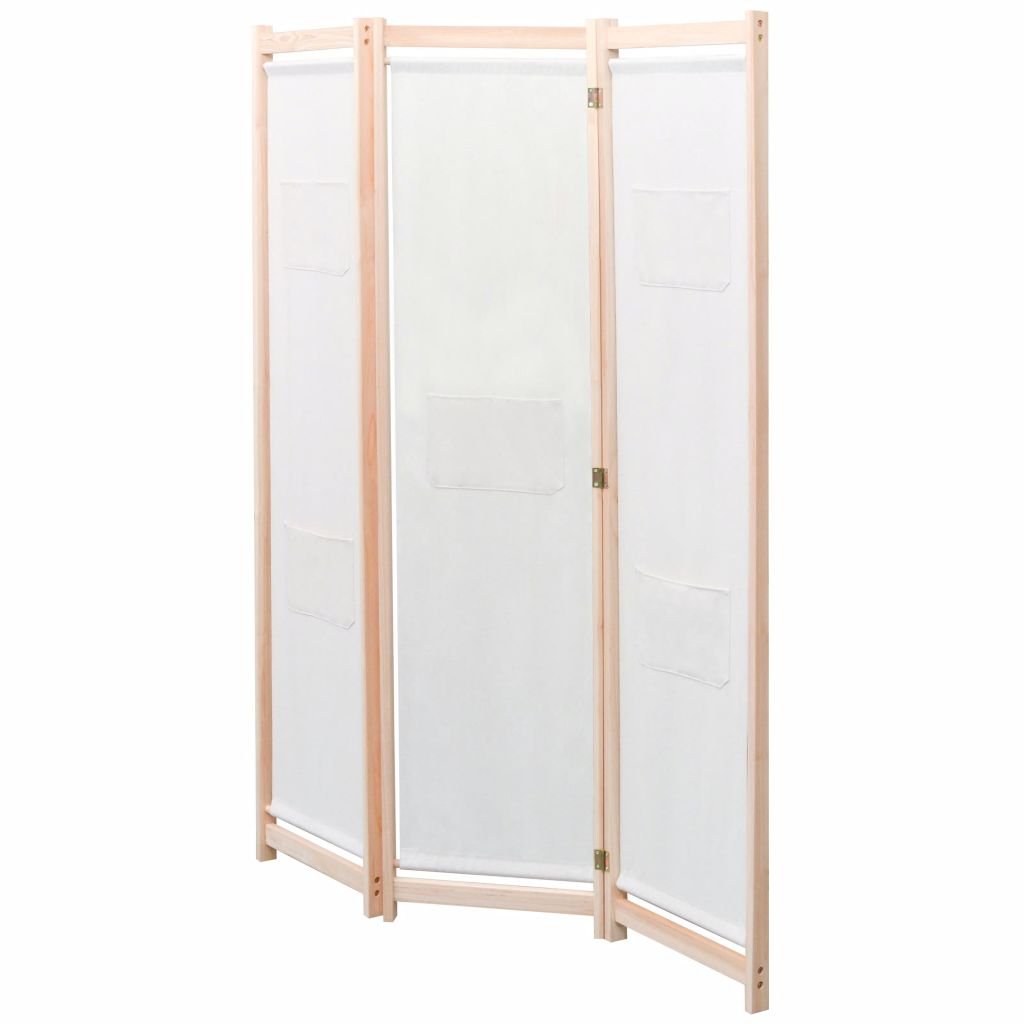 Cream 3-Panel Fir-Wood Room Divider with 5 Storage Pockets