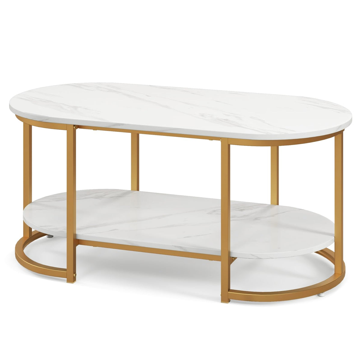 2-Tier Oval Faux-Marble Coffee Table – White & Gold