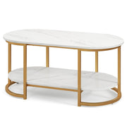 2-Tier Oval Faux-Marble Coffee Table – White & Gold