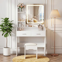 White LED-Strip Dressing Table with Mirror, 2 Drawers, Storage Shelves & Stool