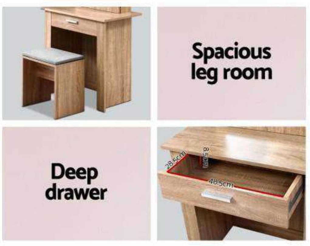 Dressing Table Mirror Slidable Makeup Space Stool Wooden Vanity Desk Chair, Home Bedroom Furniture Oak Girls Kids Women Organisers, with Legs Floor Standing