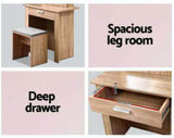 Dressing Table Mirror Slidable Makeup Space Stool Wooden Vanity Desk Chair, Home Bedroom Furniture Oak Girls Kids Women Organisers, with Legs Floor Standing