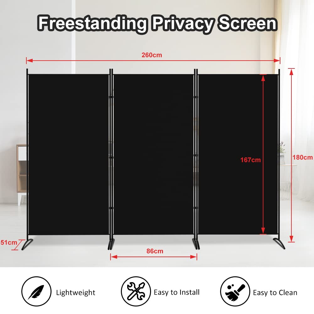 Black 3-Panel Room Divider with Gap Covers – 260 × 180cm