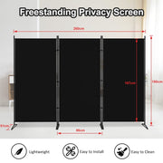 Black 3-Panel Room Divider with Gap Covers – 260 × 180cm