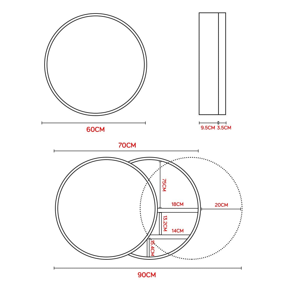 60 cm Round Sliding-Door Mirrored Bathroom Cabinet