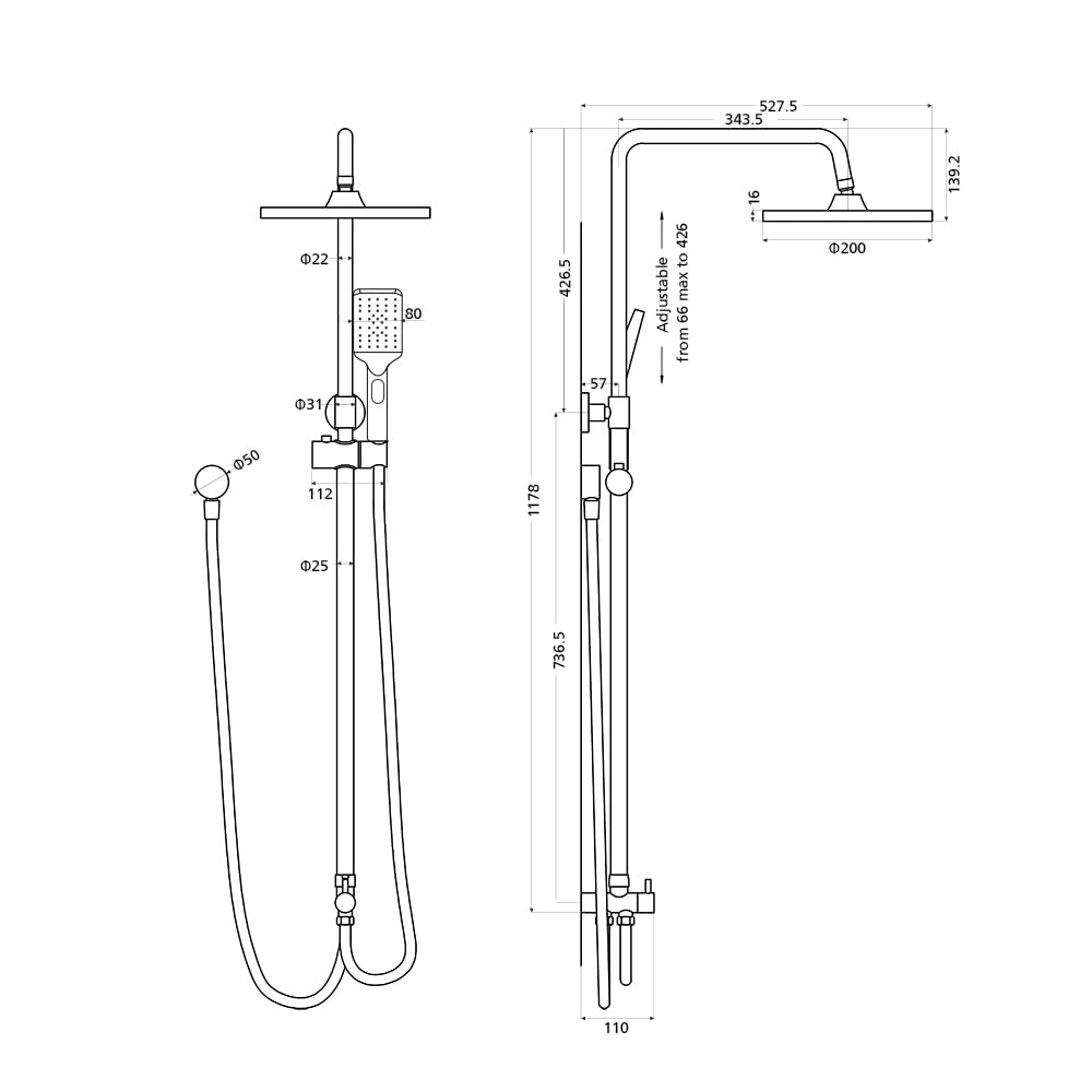 8-Inch Square Black Twin-Hose Shower System