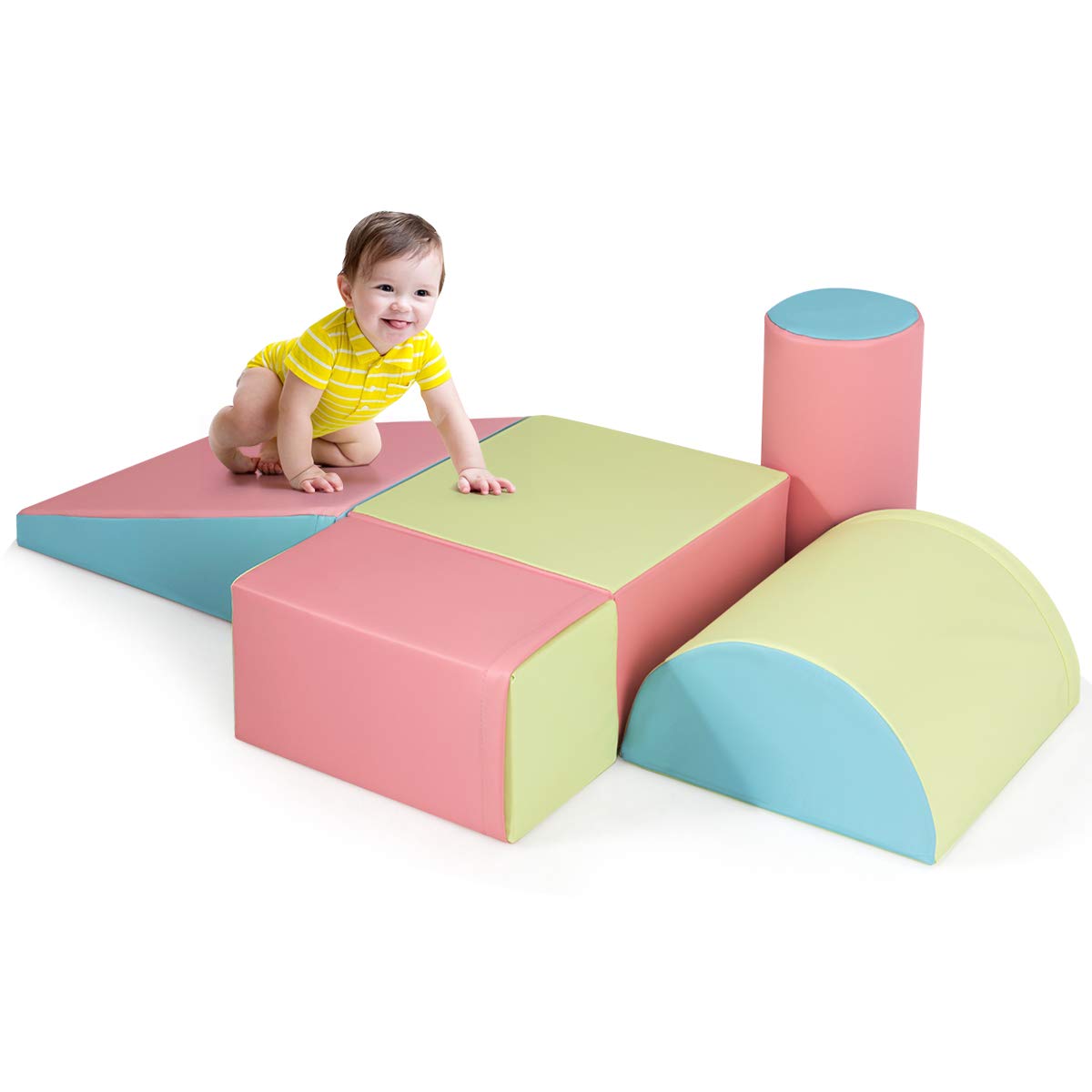 Kids Crawl & Climb Foam Play Set, 5-Piece Kids Foam Block Interactive Playset for Climbing, Crawling, Sliding, Lightweight Foam Shapes for Toddlers in Home, Kindergarten, Playroom (Pink)