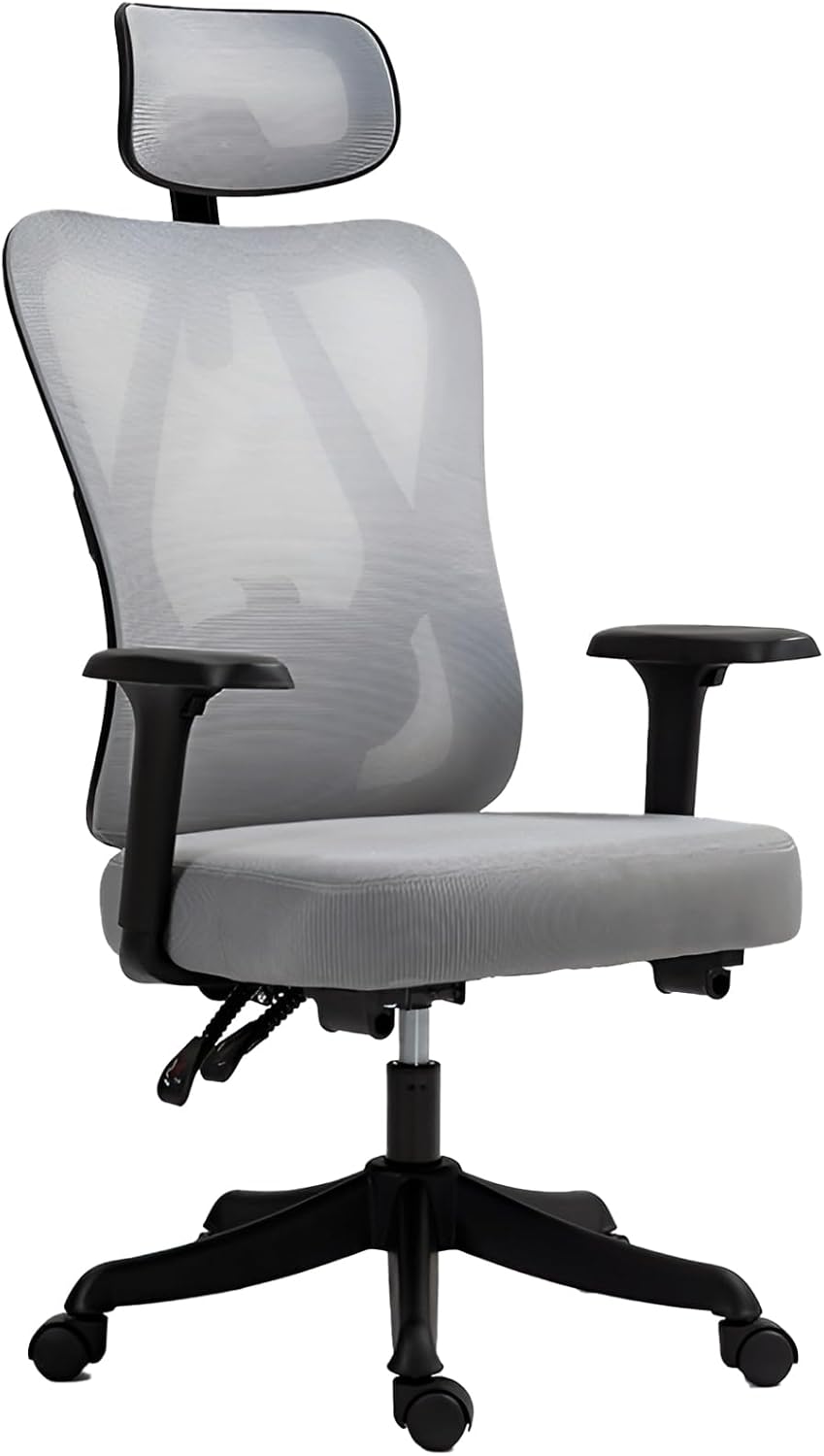 Office Chair, Breathable Mesh Desk Chair with Adjustable Lumbar Support and Headrest, High Back Computer Chair with Flip-up Armrests, Thick Cushion for Home, Office (Grey)