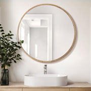 600mm Round Oak-Look Bathroom Mirror Cabinet with 3 Shelves