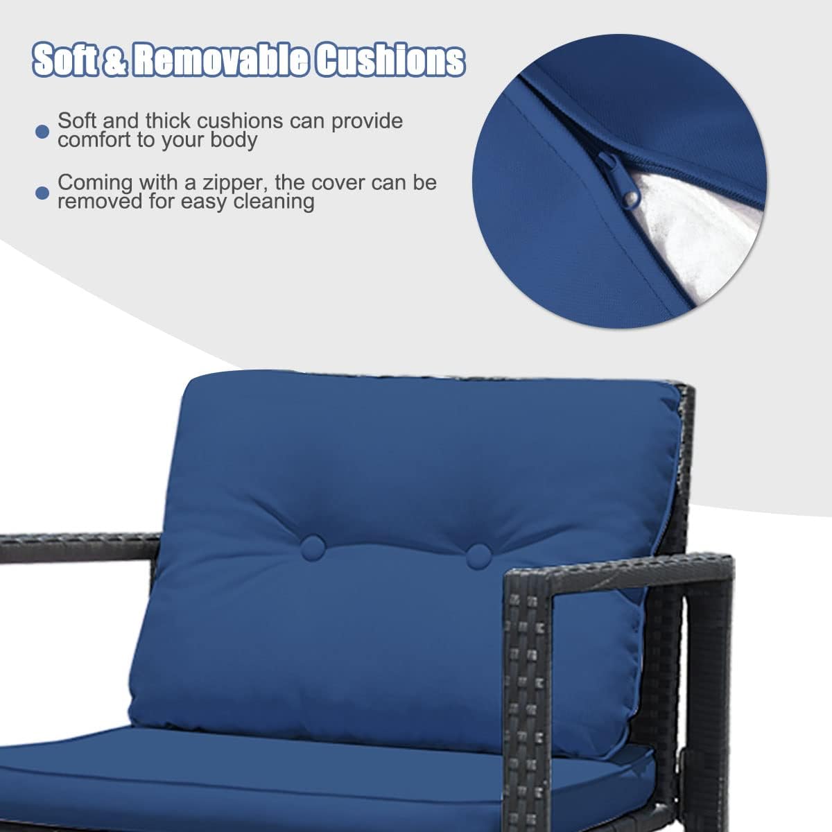 3-Piece Navy Rattan Rocking Chair & Glass Table Set