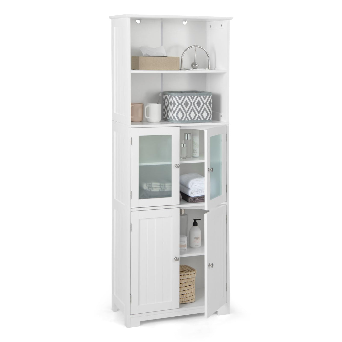 White Tall Pantry Cabinet with Glass Doors & Adjustable Shelves