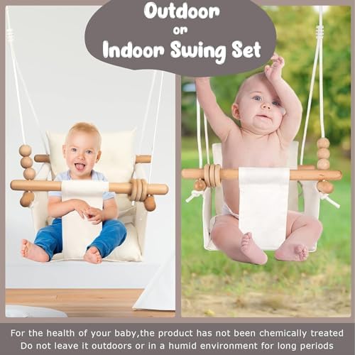 Canvas Baby Swing Seat with Safety Belt & Cushion – Indoor/Outdoor, White