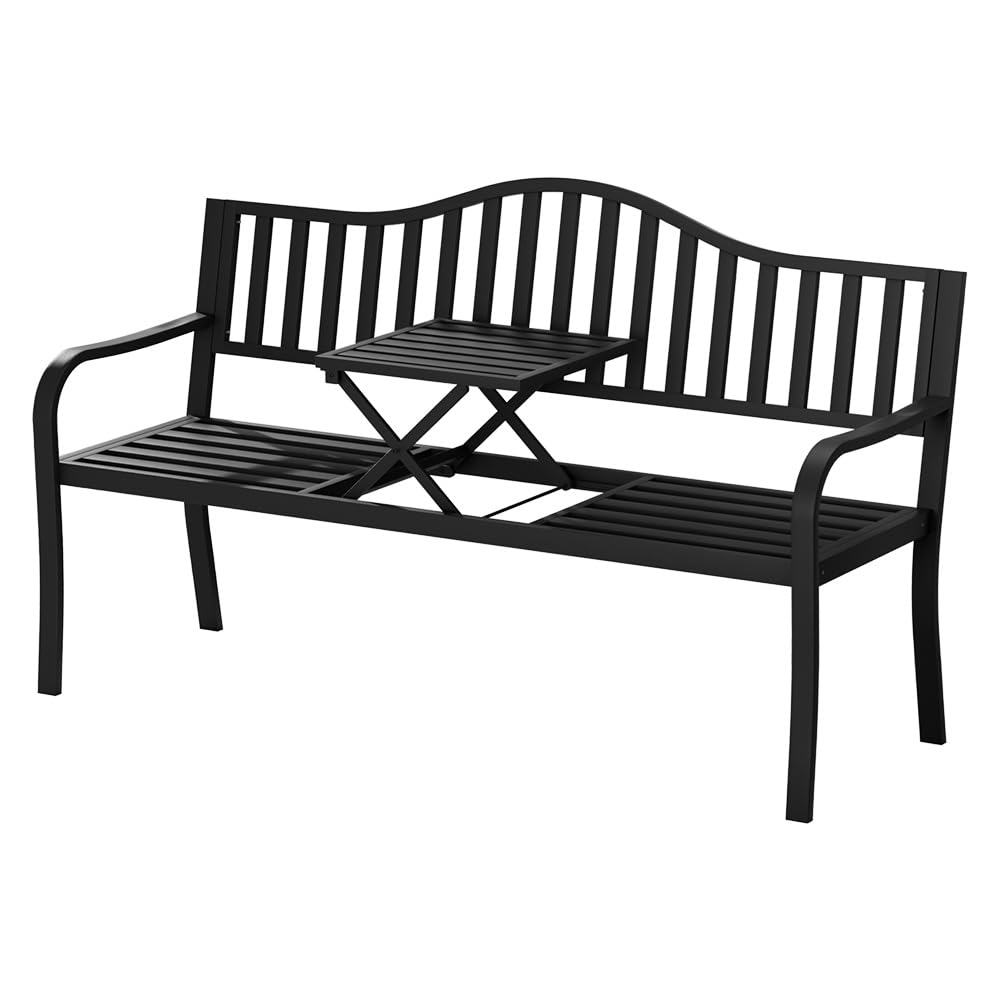 151 cm 3-Seat Garden Bench with Hidden Centre Table – Black