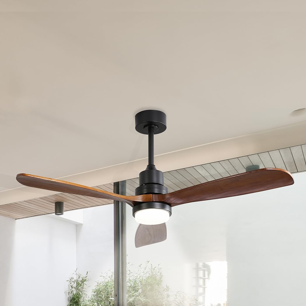 52'' Wood Ceiling Fan DC Motor with LED Light Remote Control 5 Speed 3 Natural Walnut Blades 12.5cm/25cm Down Rod 3 Lighting Color White