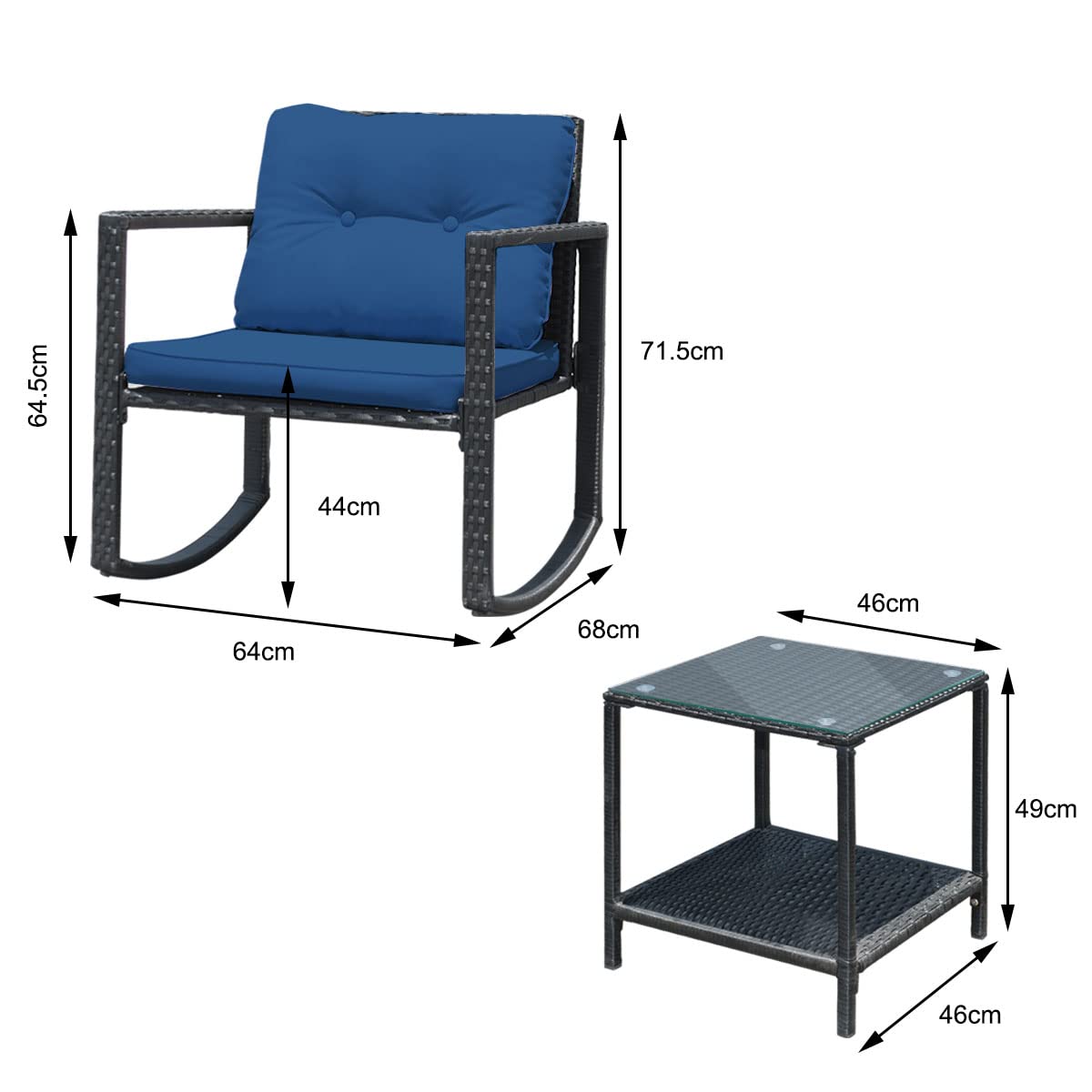 3-Piece Navy Rattan Rocking Chair & Glass Table Set