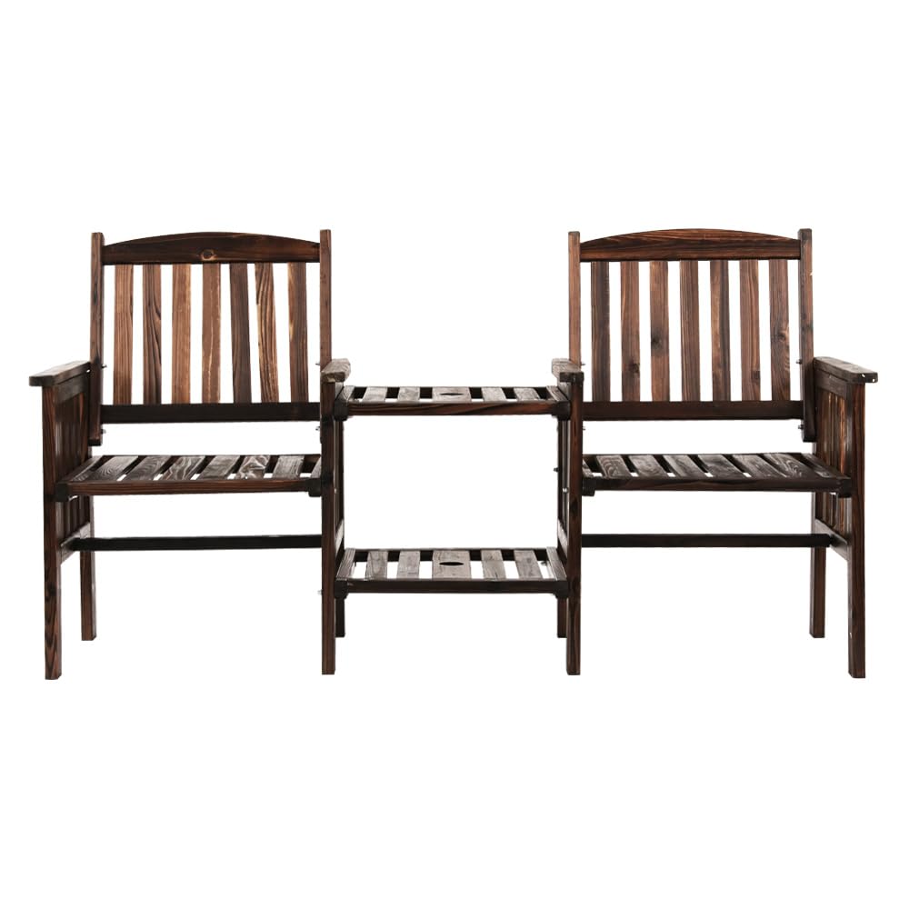 2-Seater Timber Garden Bench with Folding Table & Umbrella Hole