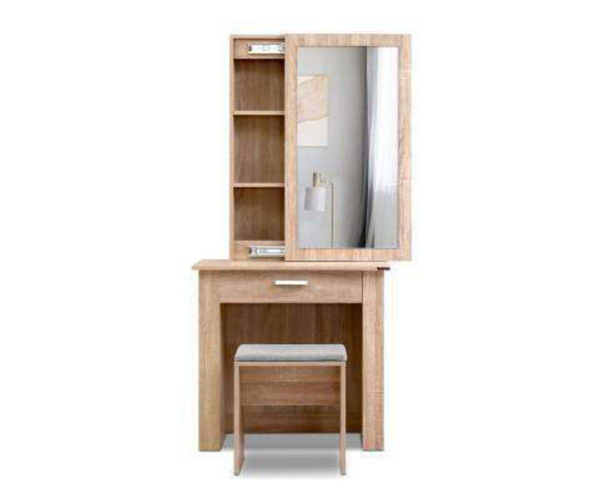 Oak-Look Sliding-Mirror Dressing Table & Linen Stool