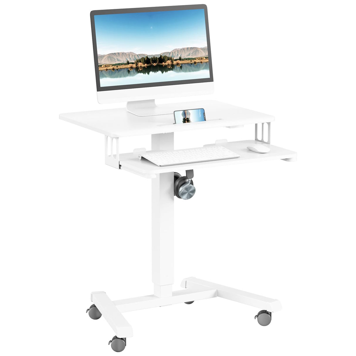 ERGOMAKER Mobile Standing Desk Pneumatic Adjustable Height 25.6 x 17.7 Inch Mobile Desk Adjustable Height On Wheels，Sit Stand up Desk Home Office Computer Desk, White + Single