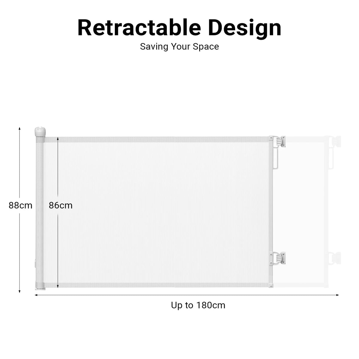 Retractable Baby Gate Durable Portable Mesh Gate Easy Installation 86CM Tall Stretches 180CM Wide for Large Stairs Retractable Dog Gates for Doorways Stairs Indoor Outdoor(White,86CMx180CM)