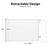 Retractable Baby Gate Durable Portable Mesh Gate Easy Installation 86CM Tall Stretches 180CM Wide for Large Stairs Retractable Dog Gates for Doorways Stairs Indoor Outdoor(White,86CMx180CM)