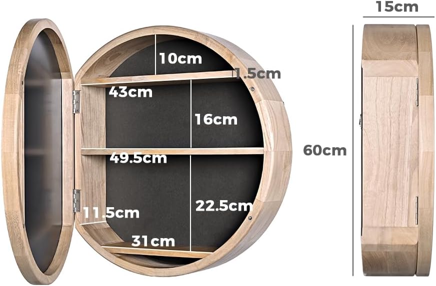 600mm Round Oak-Look Bathroom Mirror Cabinet with 3 Shelves