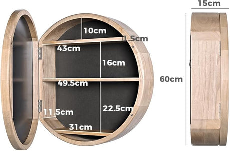 Simplus Round 600MM Bathroom Mirror Cabinet with Glass Door Shower Shaving Cupboard Wall Mounted Medicine Vanity Storage Shelves (Oak)