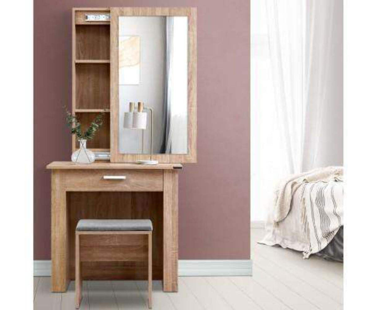 Oak-Look Sliding-Mirror Dressing Table & Linen Stool