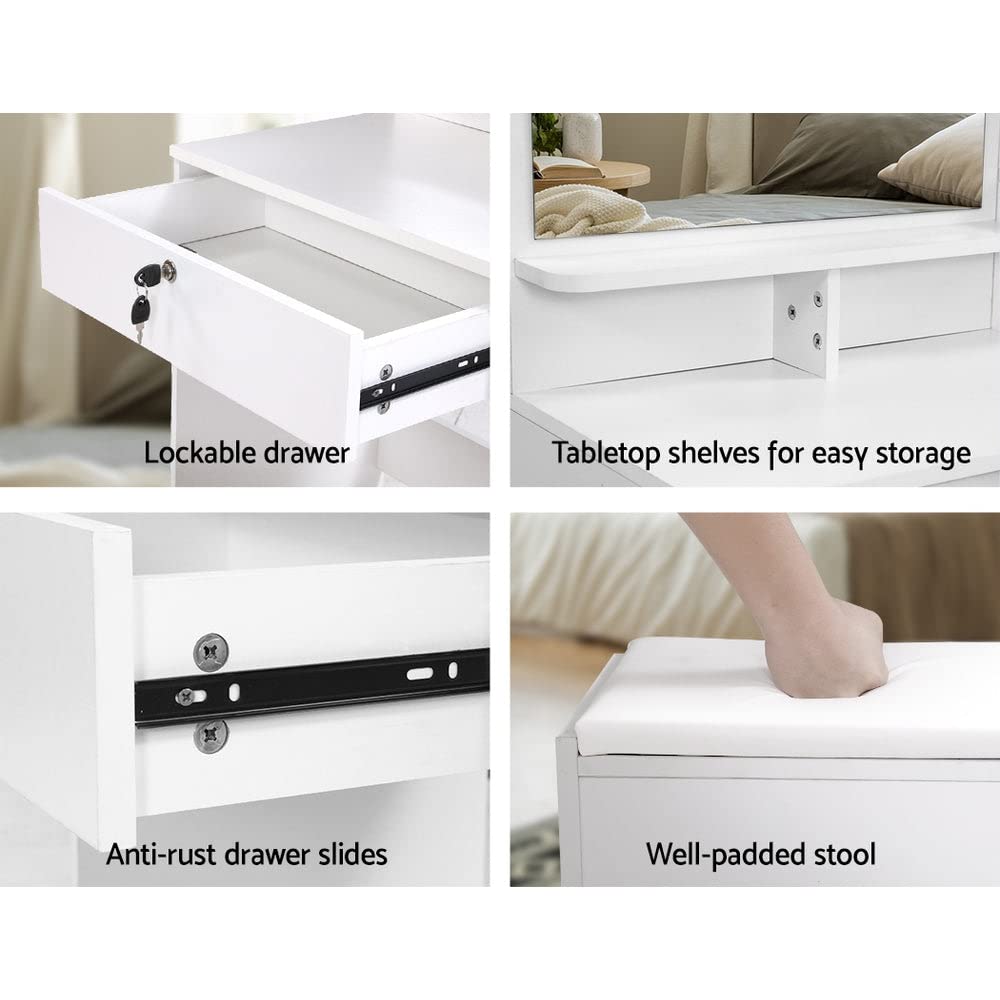 White Four-Drawer Dressing Table & Stool with Mirror