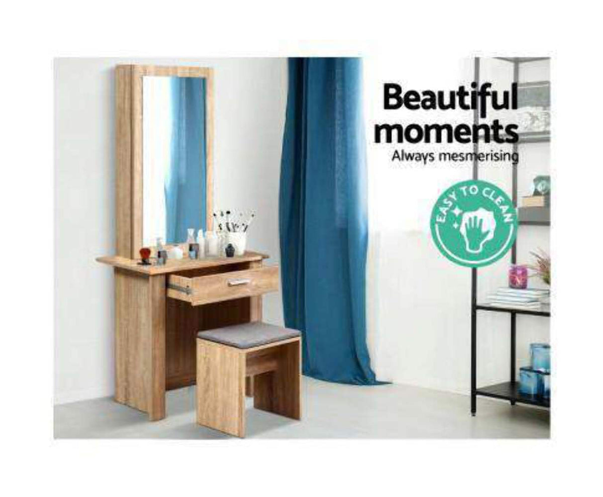 Oak-Look Sliding-Mirror Dressing Table & Linen Stool