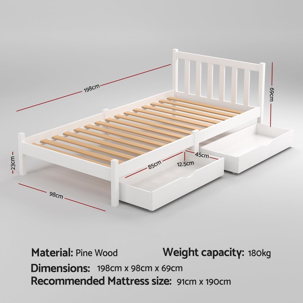 White Pine Platform Bed with Headboard & 2 Storage Drawers – 4 Sizes