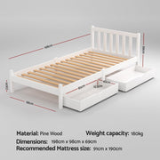 White Pine Platform Bed with Headboard & 2 Storage Drawers – 4 Sizes