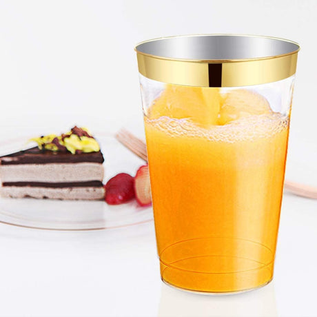 Gold Dinnereware Include Gold Rim Plates, 12oz Gold Cups, Gold Knives, Gold Forks, Gold Spoons, Party Reusable Plates Set, Brittany (Gold)