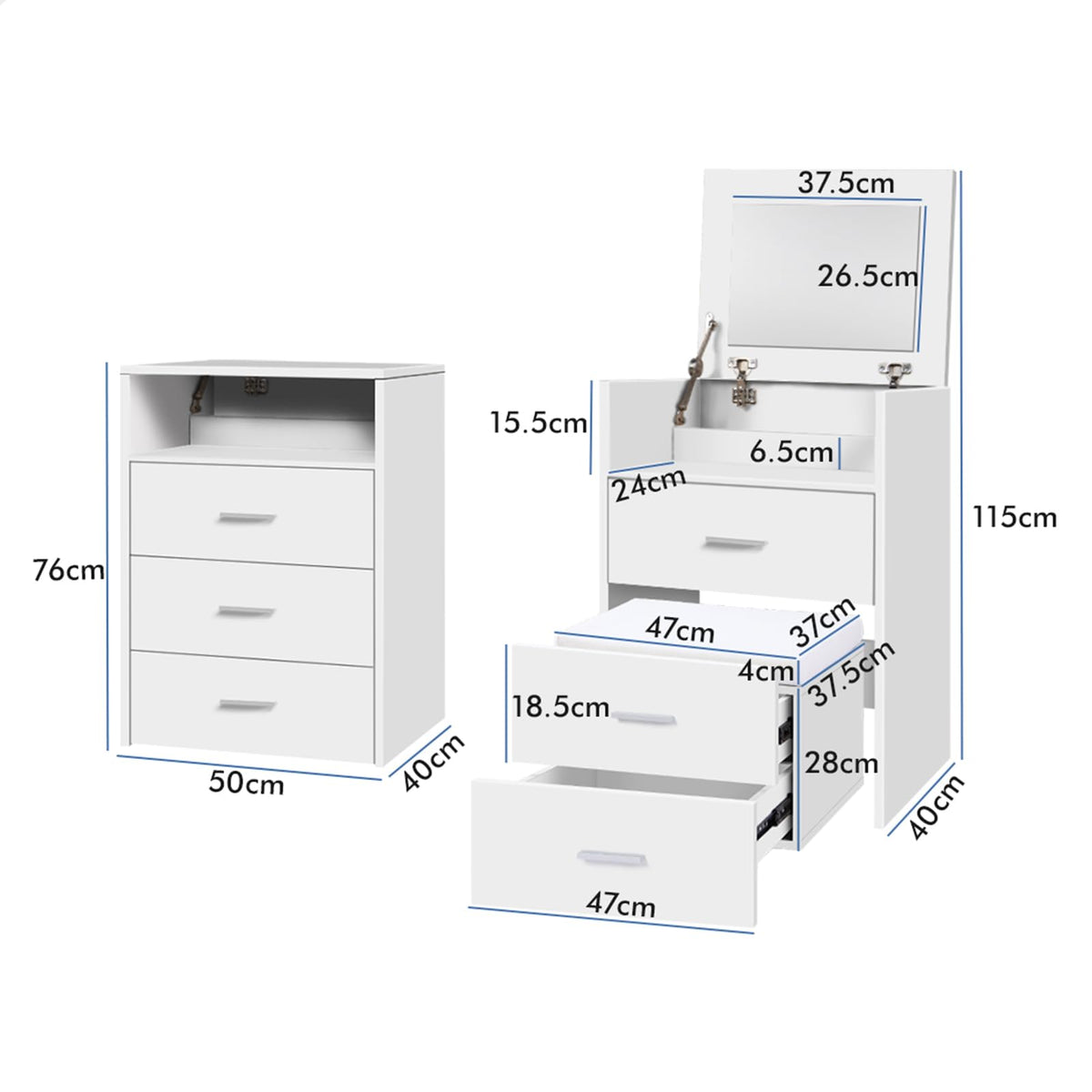White Fold-Away Vanity Desk with Mirror, 3 Drawers & Hidden Stool