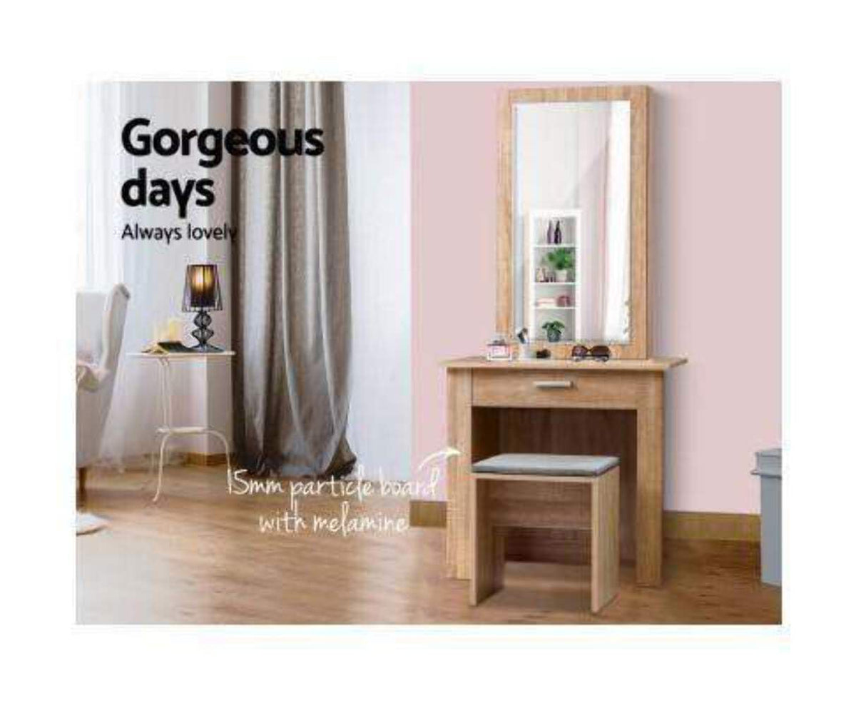 Oak-Look Sliding-Mirror Dressing Table & Linen Stool